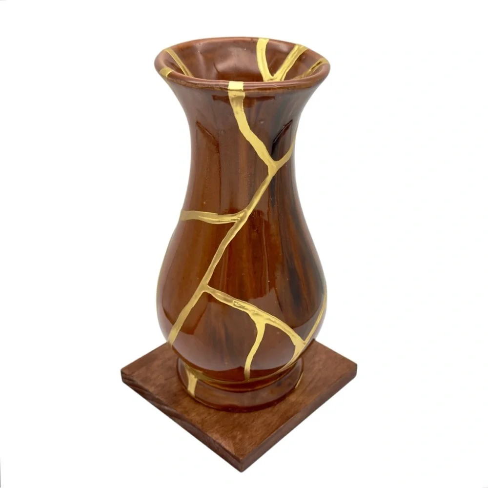 Kintsugi Vase Brown Glazed Pottery Gold Crack Art Anniversary Growth Gift - Picture 14 of 17